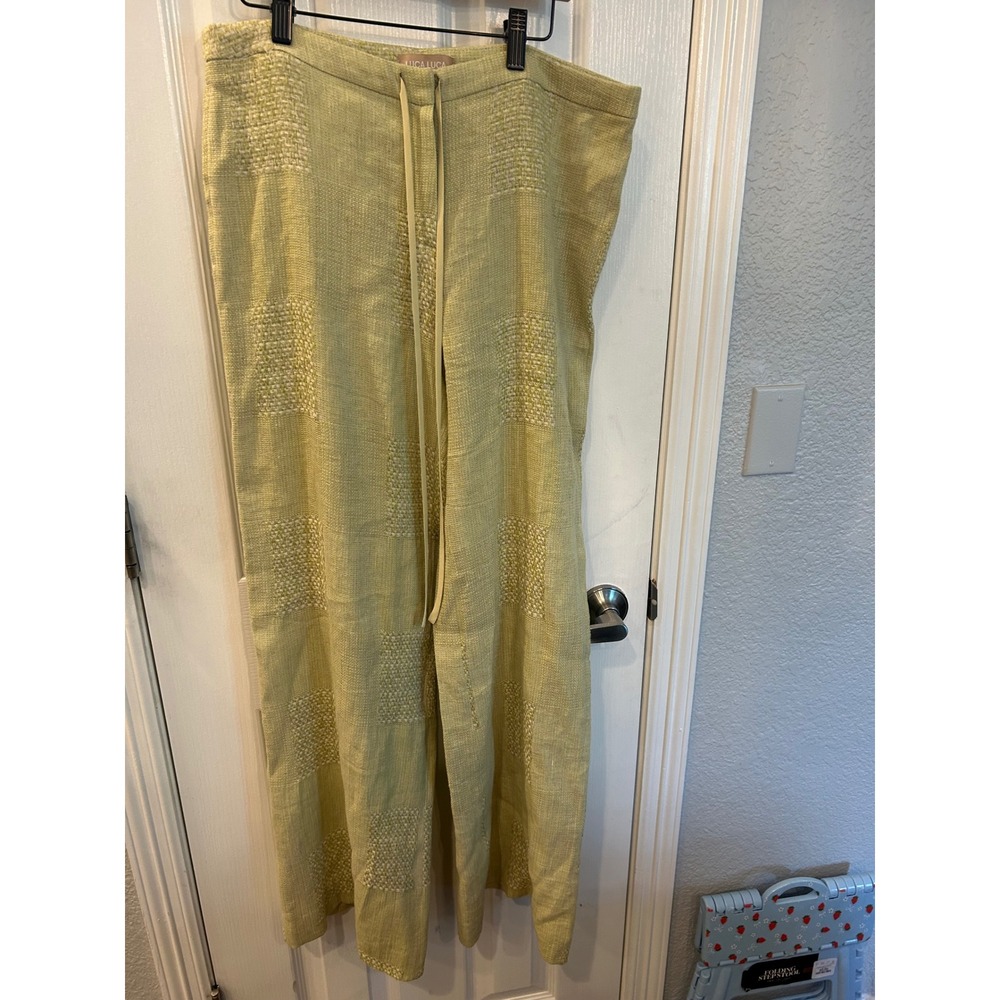 Luca Luca Pants Green Linen Cotton Wide Leg Basketweave Drawstring Trousers 46